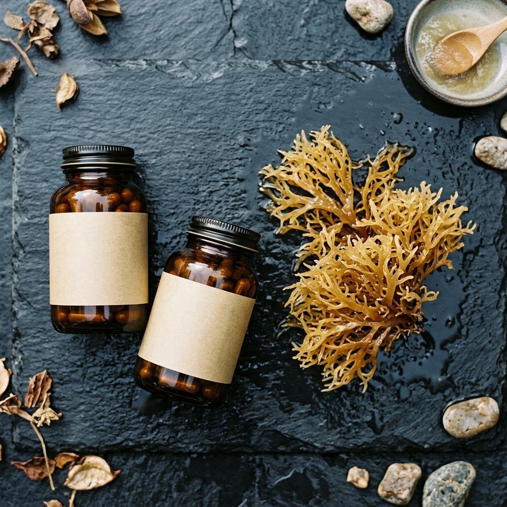 Amber glass bottles on slate